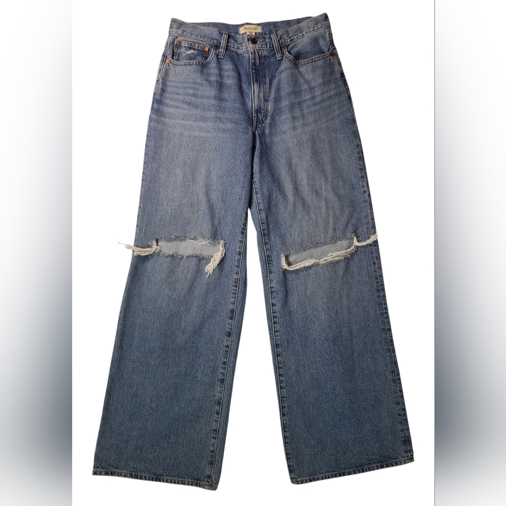 Madewell Women's Superwide Leg Jeans In Amcliffe Wash Knee Rip Edition Size 30 - Picture 10 of 15